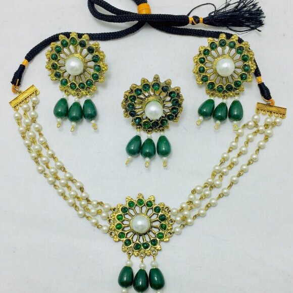 Green Stone and White Pearls Jewelry Set, Tribal Stones and Pearls Jewelry, - Picture 1 of 9